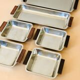 Service of Scandinavian dishes in stainless steel and teak 1970