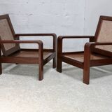 Pair of large armchairs. Wood and cane. Circa 1960