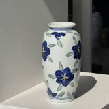 Vase white background stylized blue, yellow and green flowers H24.5 D12