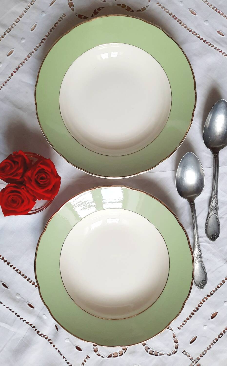 Old mismatched earthenware soup plates