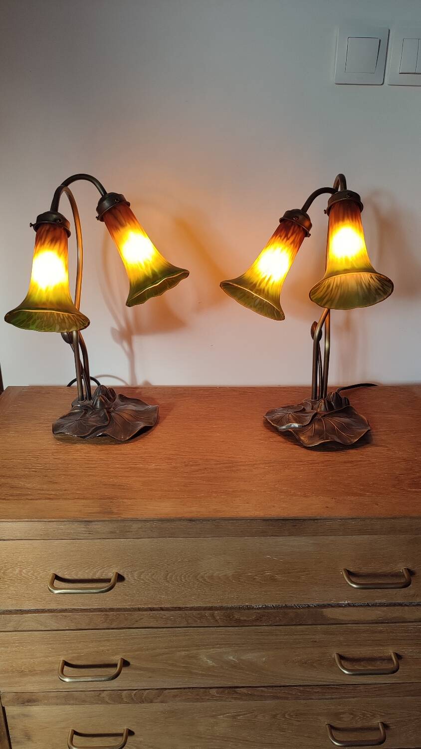 Deux lampes nénuphar en laiton et verre