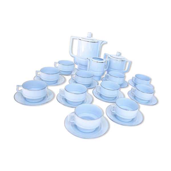 Service à café art déco en porcelaine bleu gris pâle