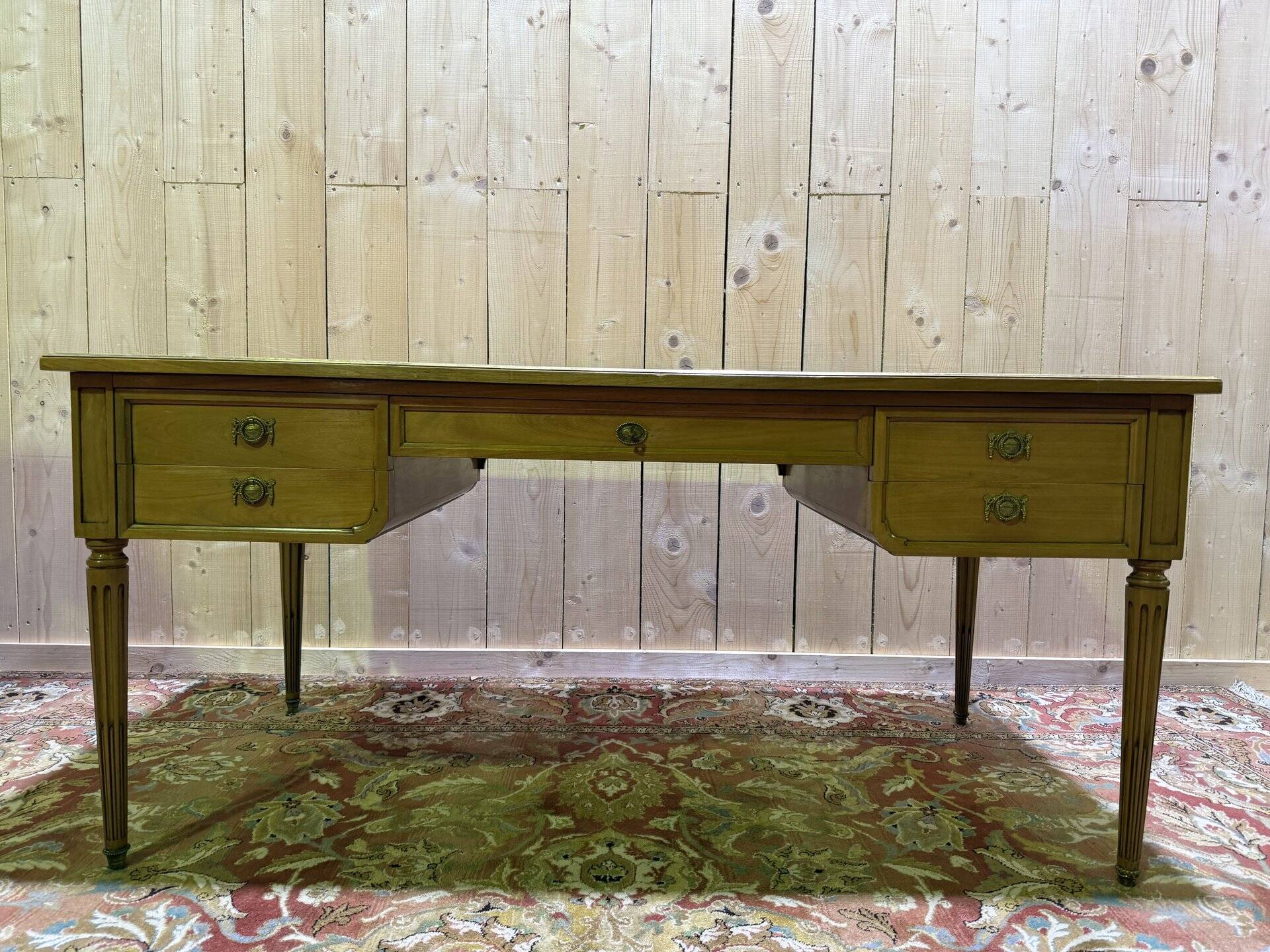 Louis XVI style flat desk in cherry wood and leather