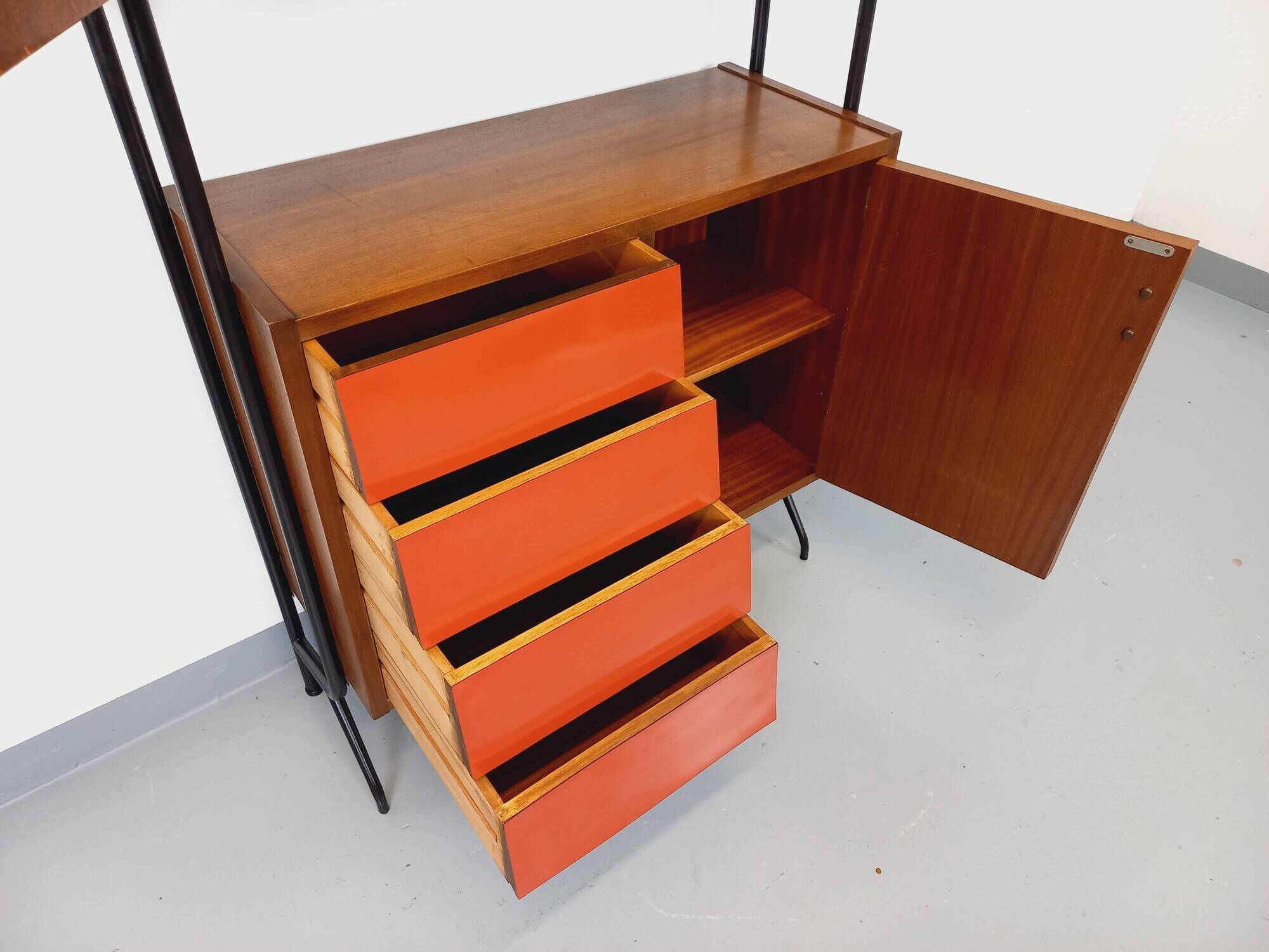 Vintage Italian modular bookcase in teak, metal and melamine