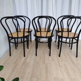Set of 6 Vintage Thonet Style Dining Chairs: Black Bentwood Cane Seat
