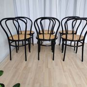 Set of 6 Vintage Thonet Style Dining Chairs: Black Bentwood Cane Seat