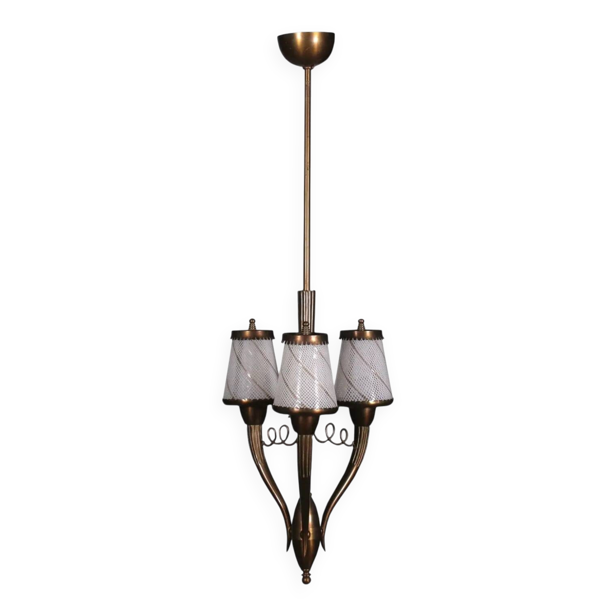 Brass and filigree glass ceiling light, Italian production from the 1940s.