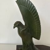 Pair of eagle bookends in green patina regula with rosewood base