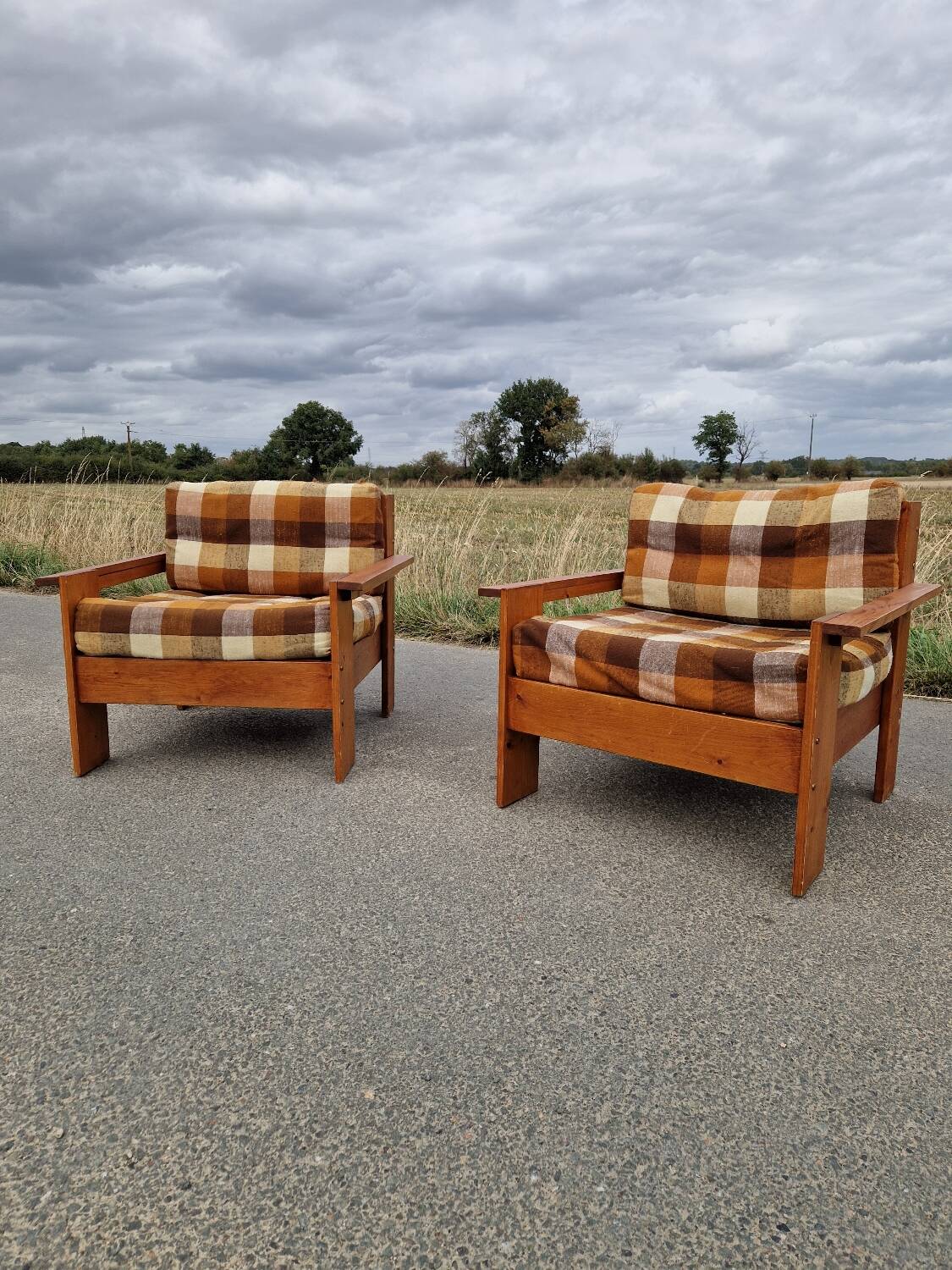 Pair of brutalist pine armchairs circa 1960
