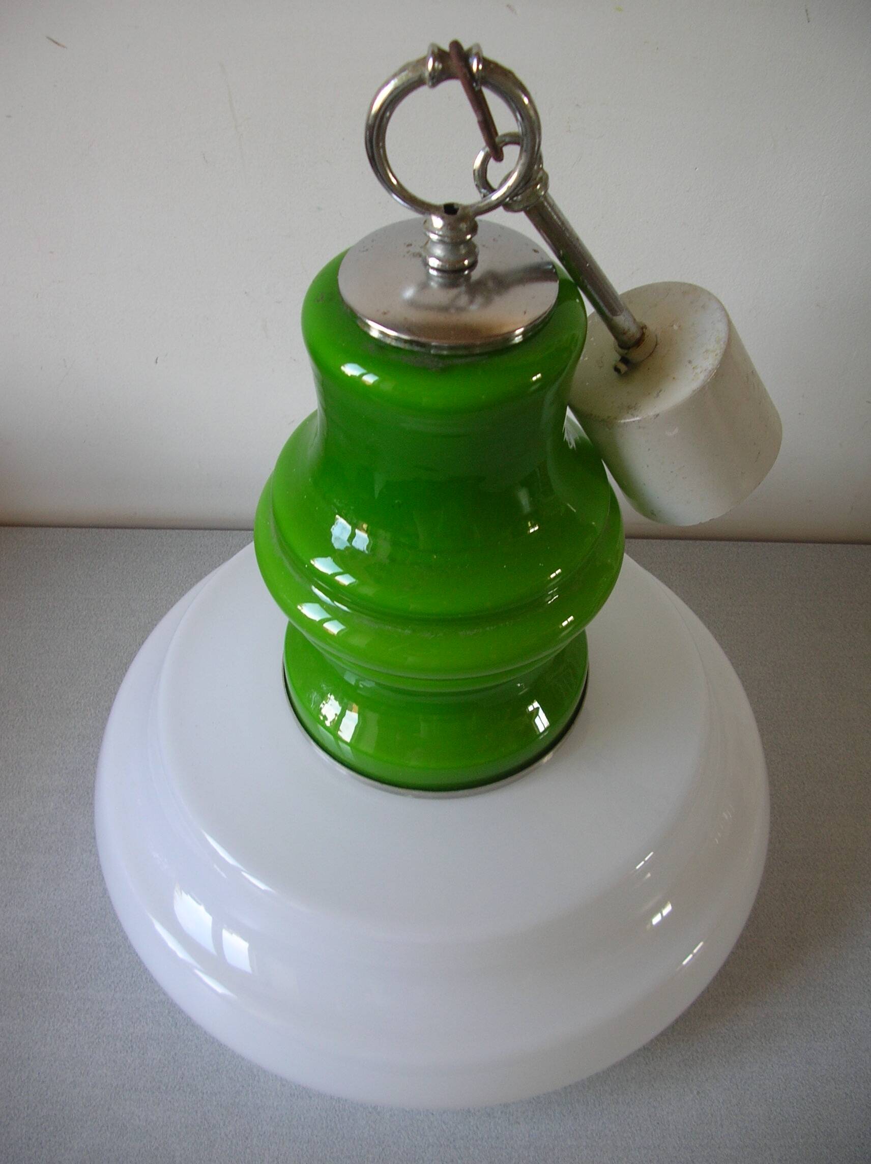 Old globe pendant light with apple green and white glass shade, 80's design 59 cm