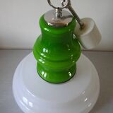 Old globe pendant light with apple green and white glass shade, 80's design 59 cm