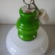 Old globe pendant light with apple green and white glass shade, 80's design 59 cm