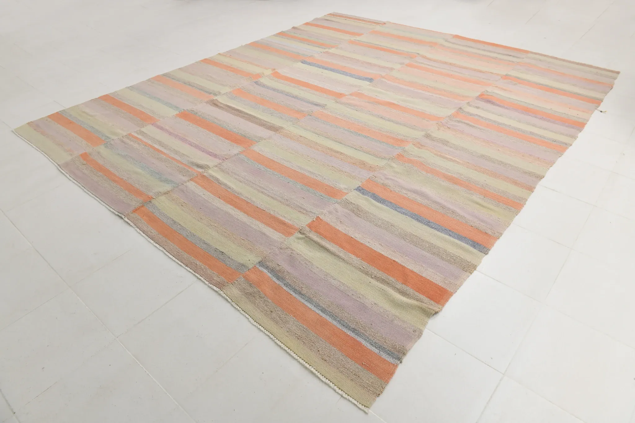 Salmon & Pink Mid Cenyury Modern Kilim Rug, Vintage Striped Boho Carpet
