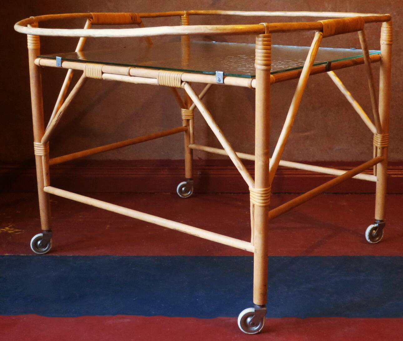 Bamboo and frosted glass fine serving trolley, 1950s-60s