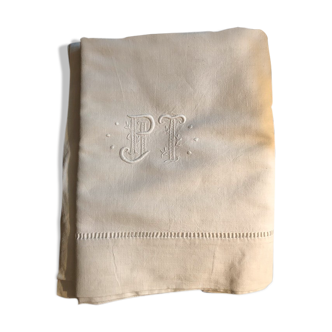 Antique half-breed sheet embroidered monogram PJT openwork