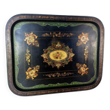 Large Napoleon III tray in black metal painted with floral decoration. 72x57 cm Good condition B795