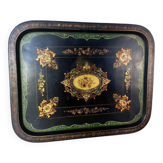 Large Napoleon III tray in black metal painted with floral decoration. 72x57 cm Good condition B795