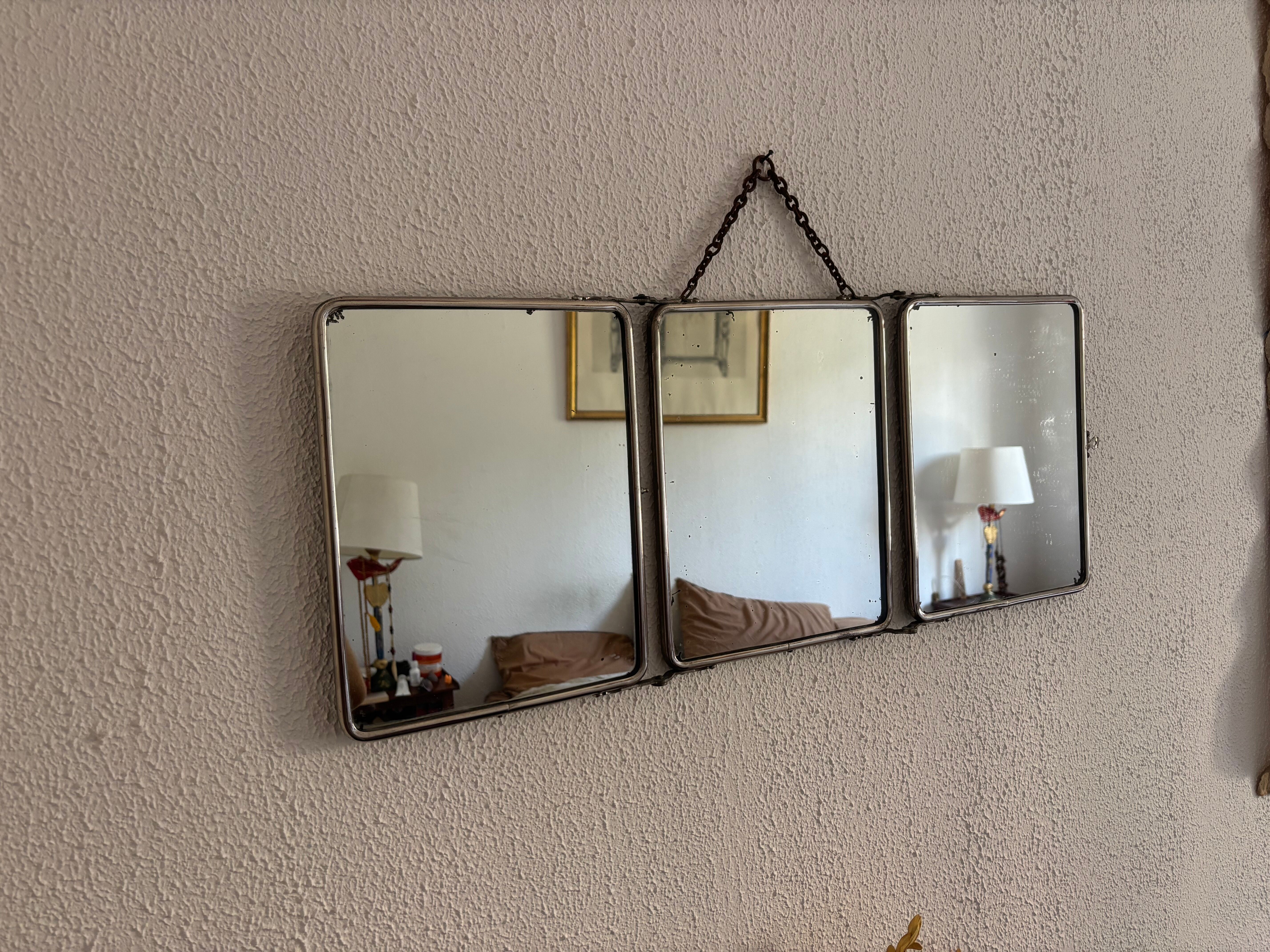 Miroir vintage 1930 triptyque barbier déposé G.B Paris - 28 x 69 cm