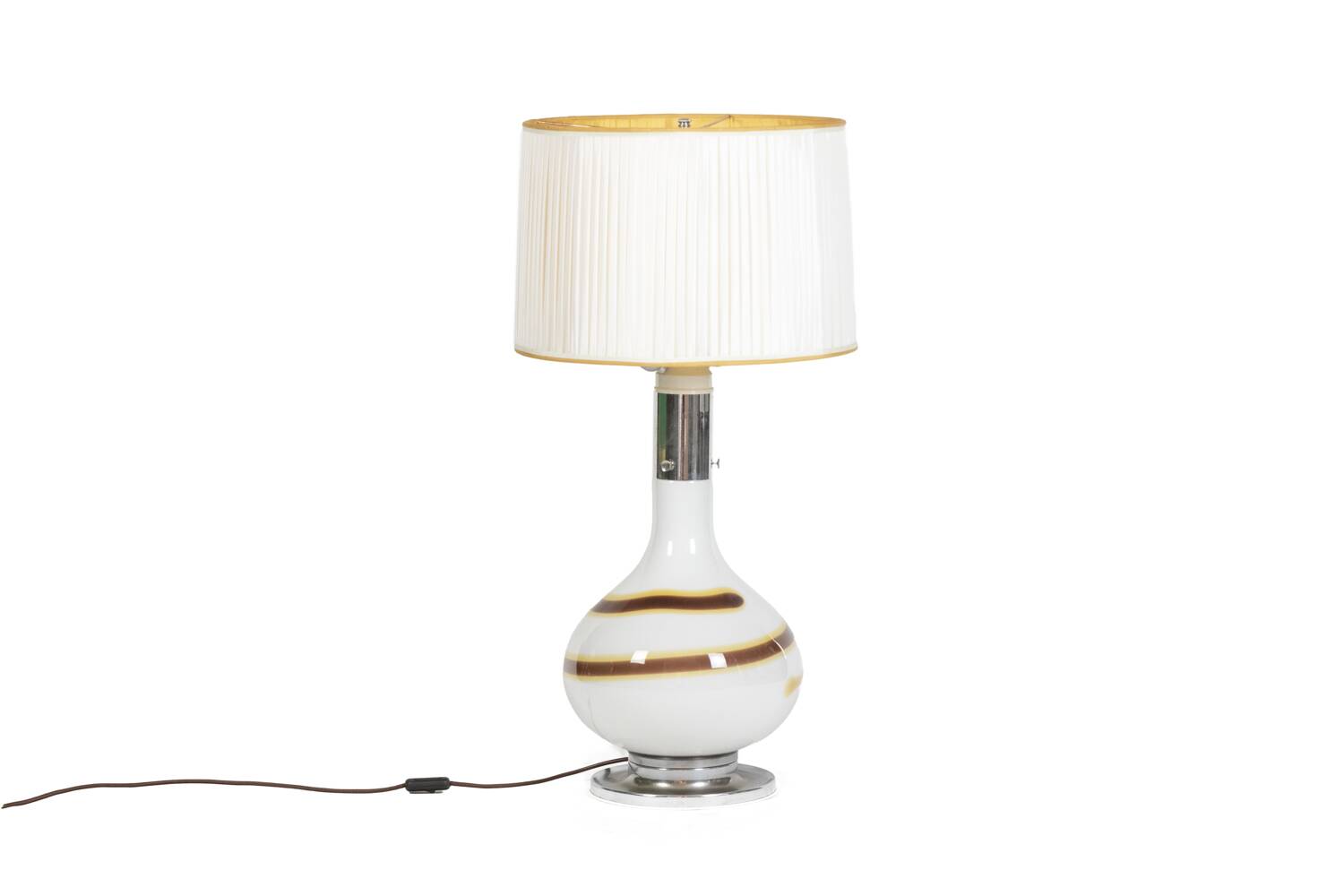 White glass lamp decorated with a brown and yellow spiral, 1970s
