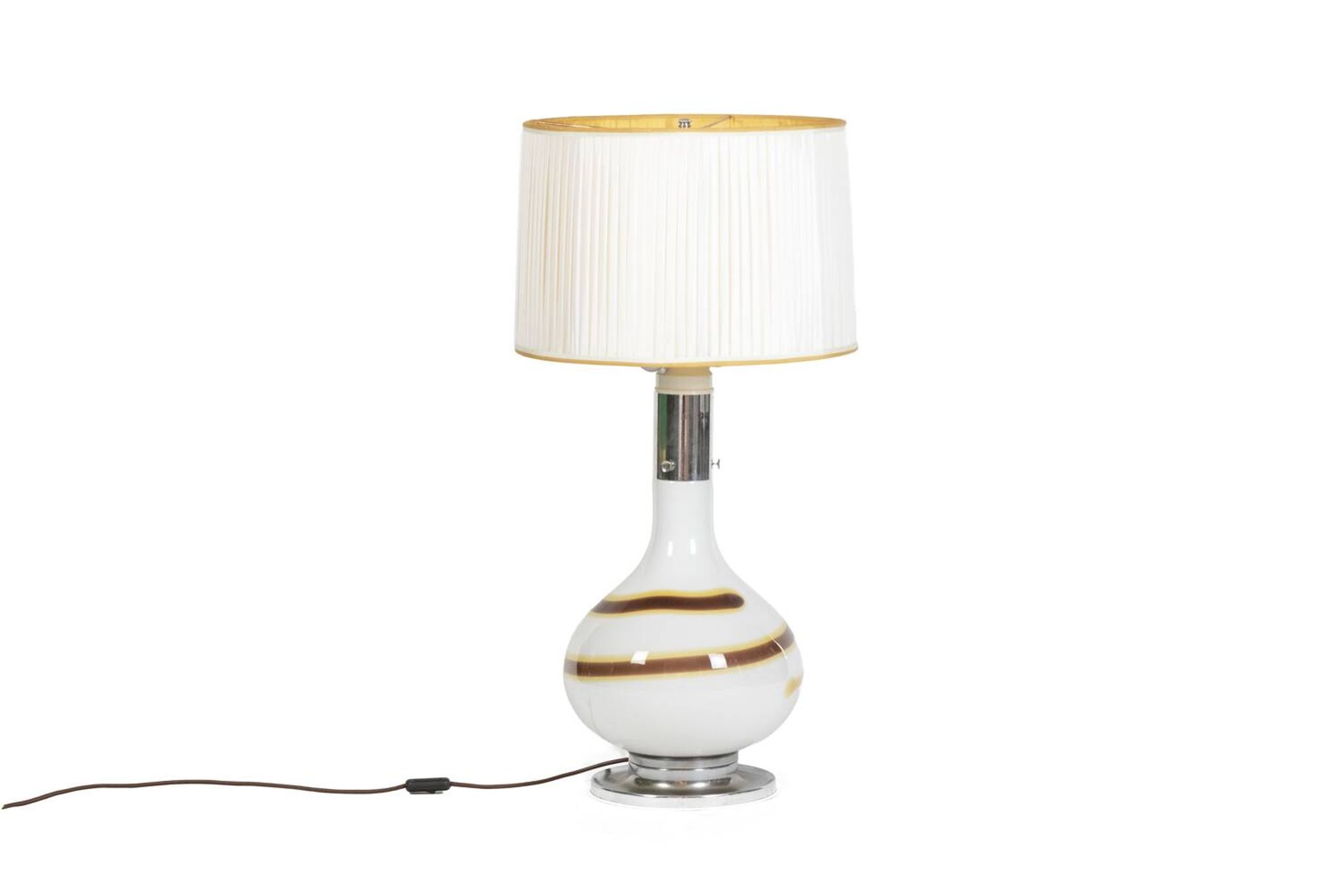 White glass lamp decorated with a brown and yellow spiral, 1970s