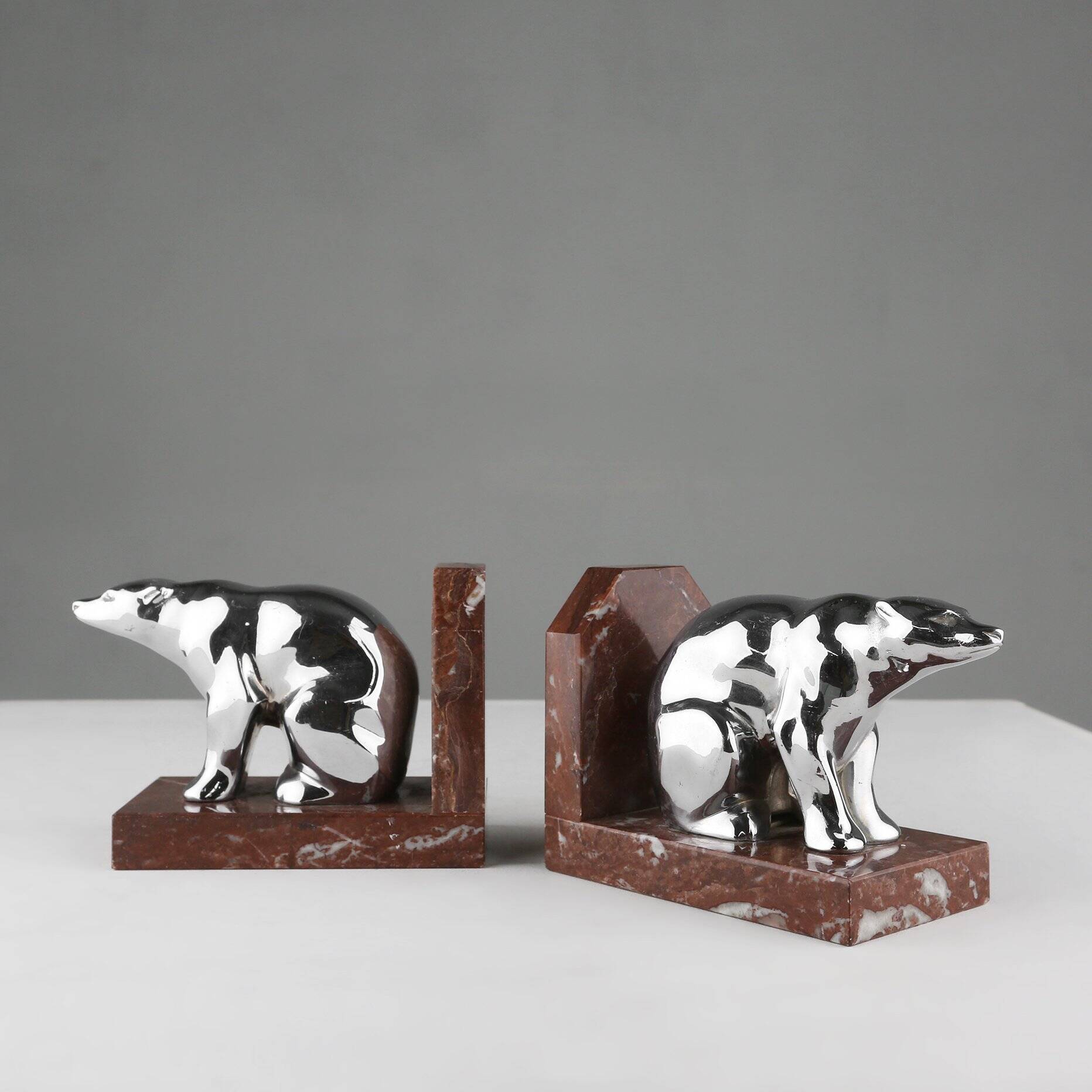 Art Deco Marble and Metal Bear Bookends, France 1930s