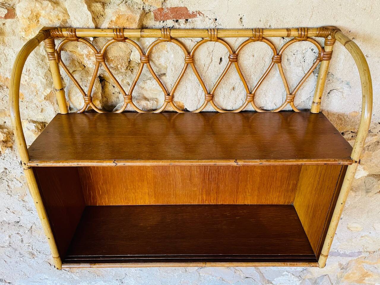 Vintage rattan and bamboo wall shelf with glass door cabinet, 1960s