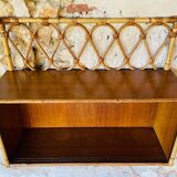 Vintage rattan and bamboo wall shelf with glass door cabinet, 1960s