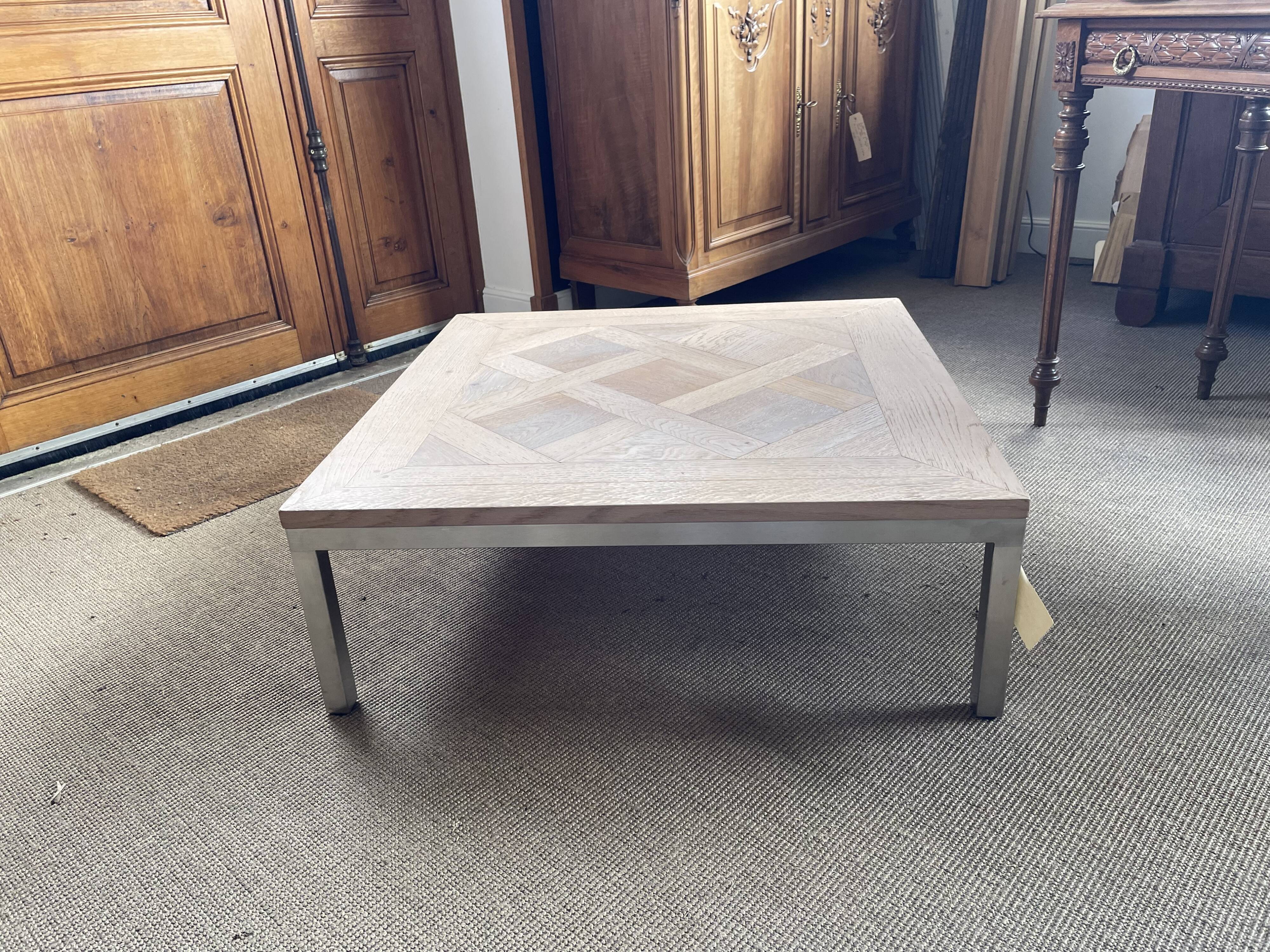 Square coffee table – Oak parquet Versailles pattern – Stainless steel base