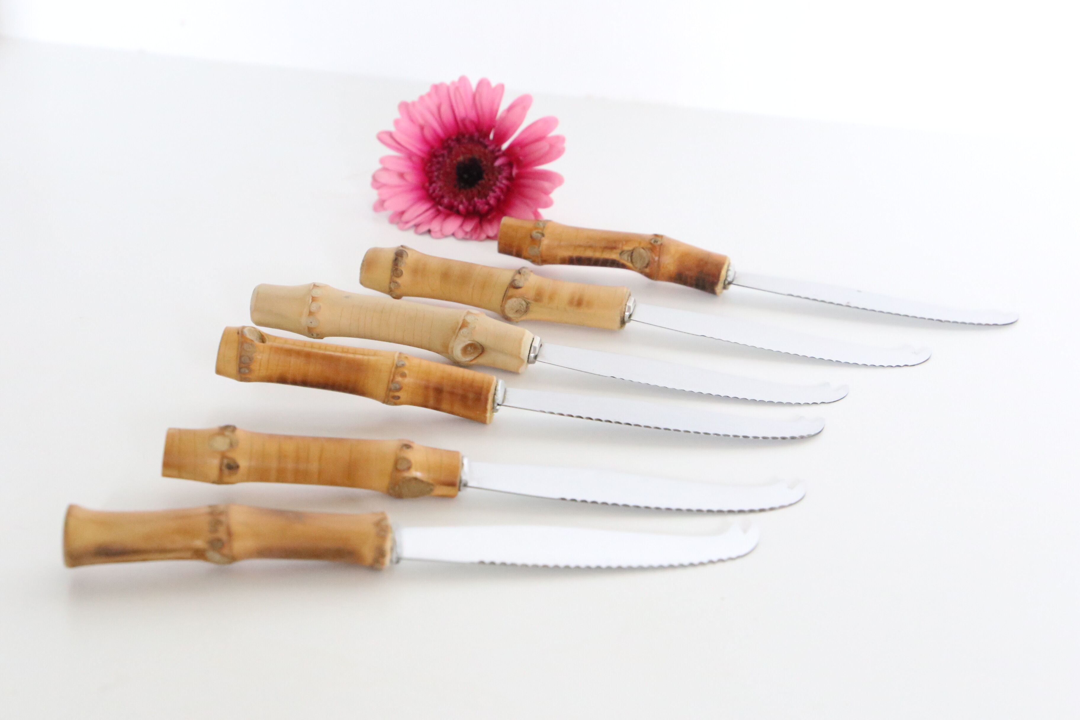 Service of 6 cheese knives, stainless blade and real rattan handle, vintage