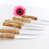 Service of 6 cheese knives, stainless blade and real rattan handle, vintage
