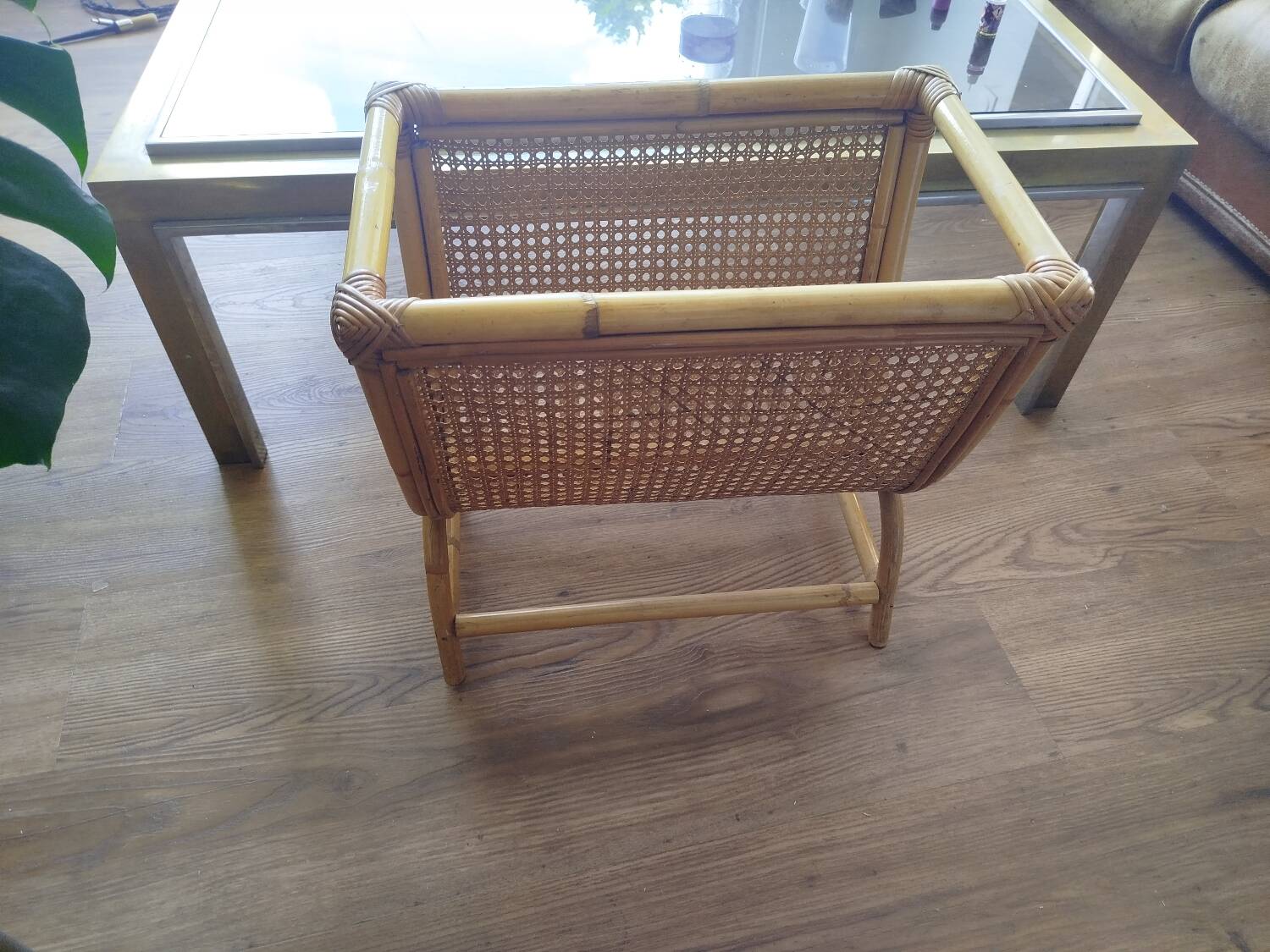 Fluted rattan magazine rack, 1950s