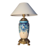 Antique lamp in faience style Gien, Longwy, with gilded bronze mount.. lampshade.