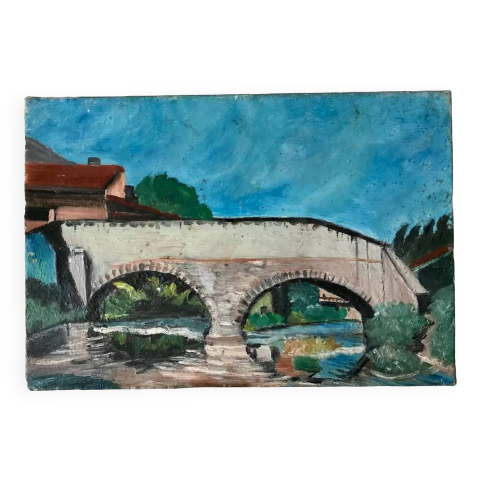 Oil painting on canvas landscape old bridge and river