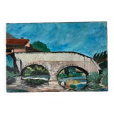 Tableau huile sur toile paysage pont et rivière ancien