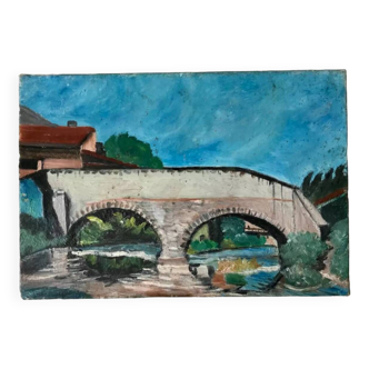Tableau huile sur toile paysage pont et rivière ancien