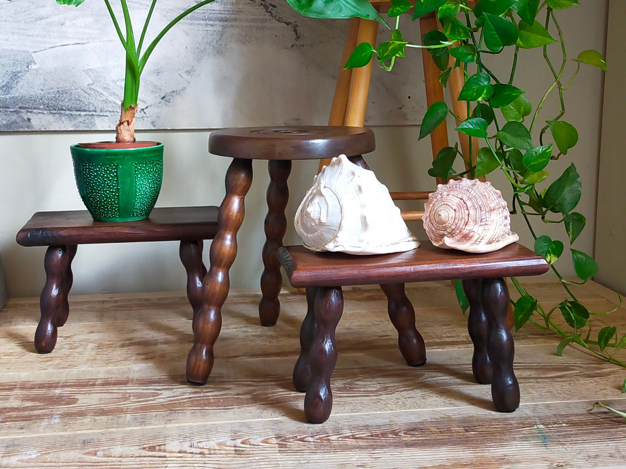 Pair of vintage solid turned wood footstools