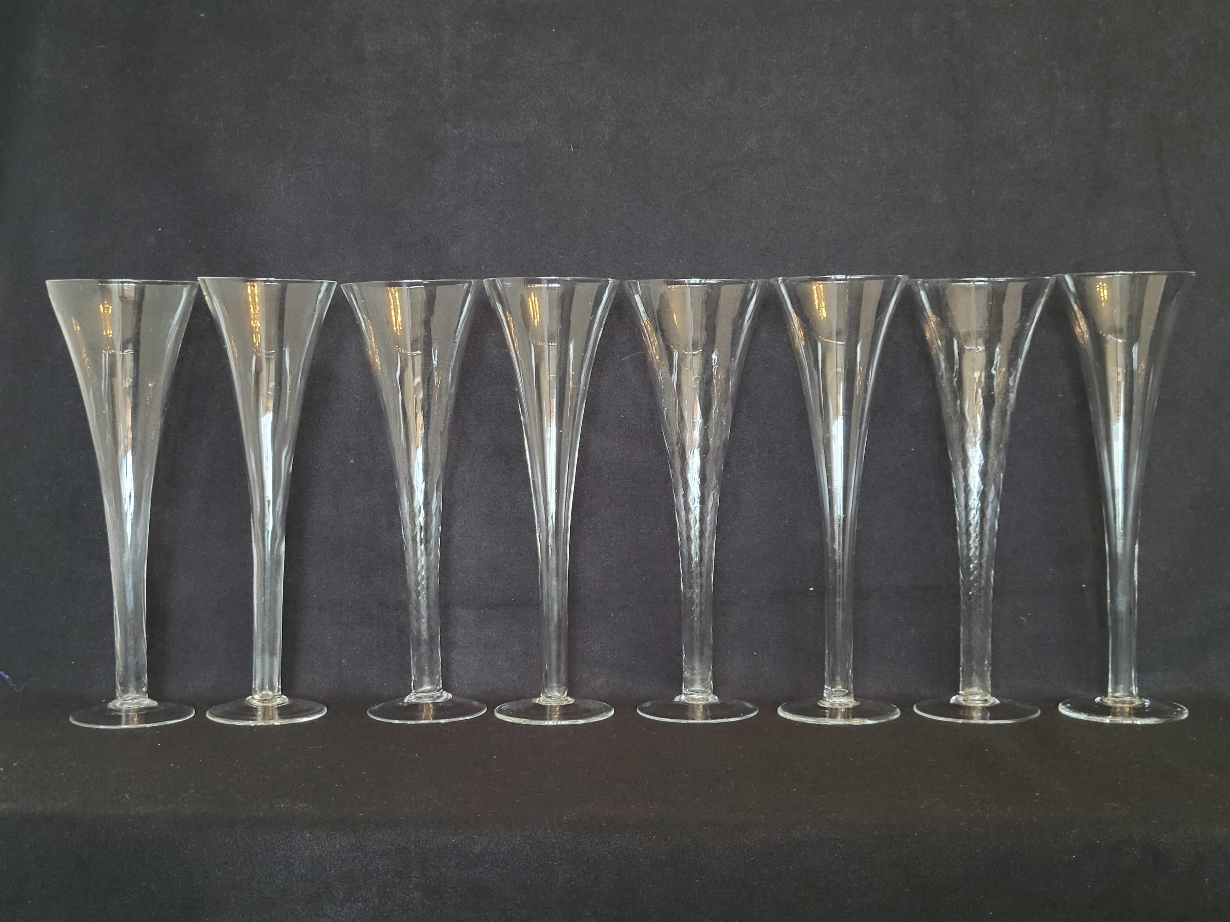 8 old champagne flutes evased blown glass model impossible