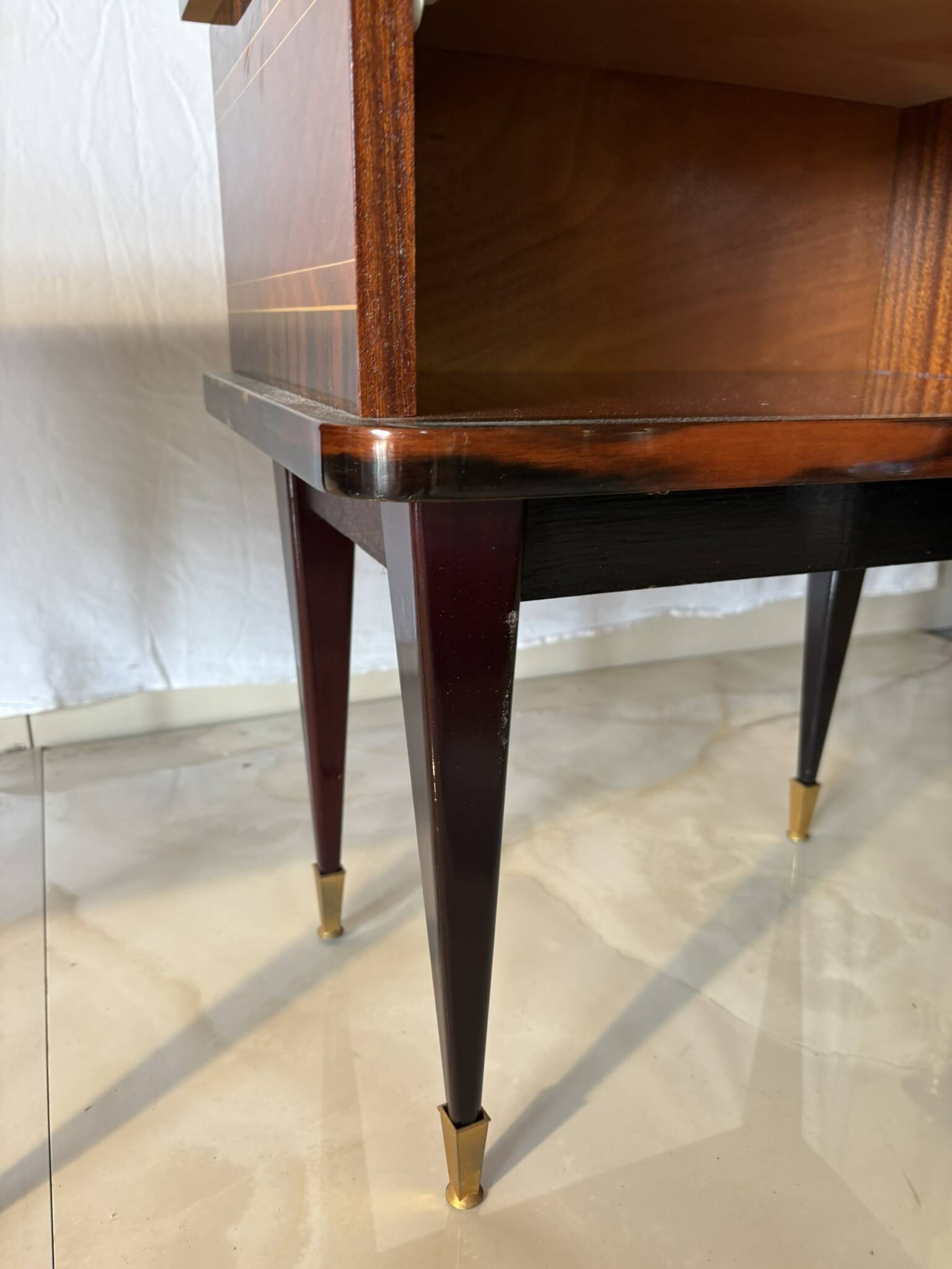 Pair of vintage bedside tables in marquetry wood – revisited Art Deco style