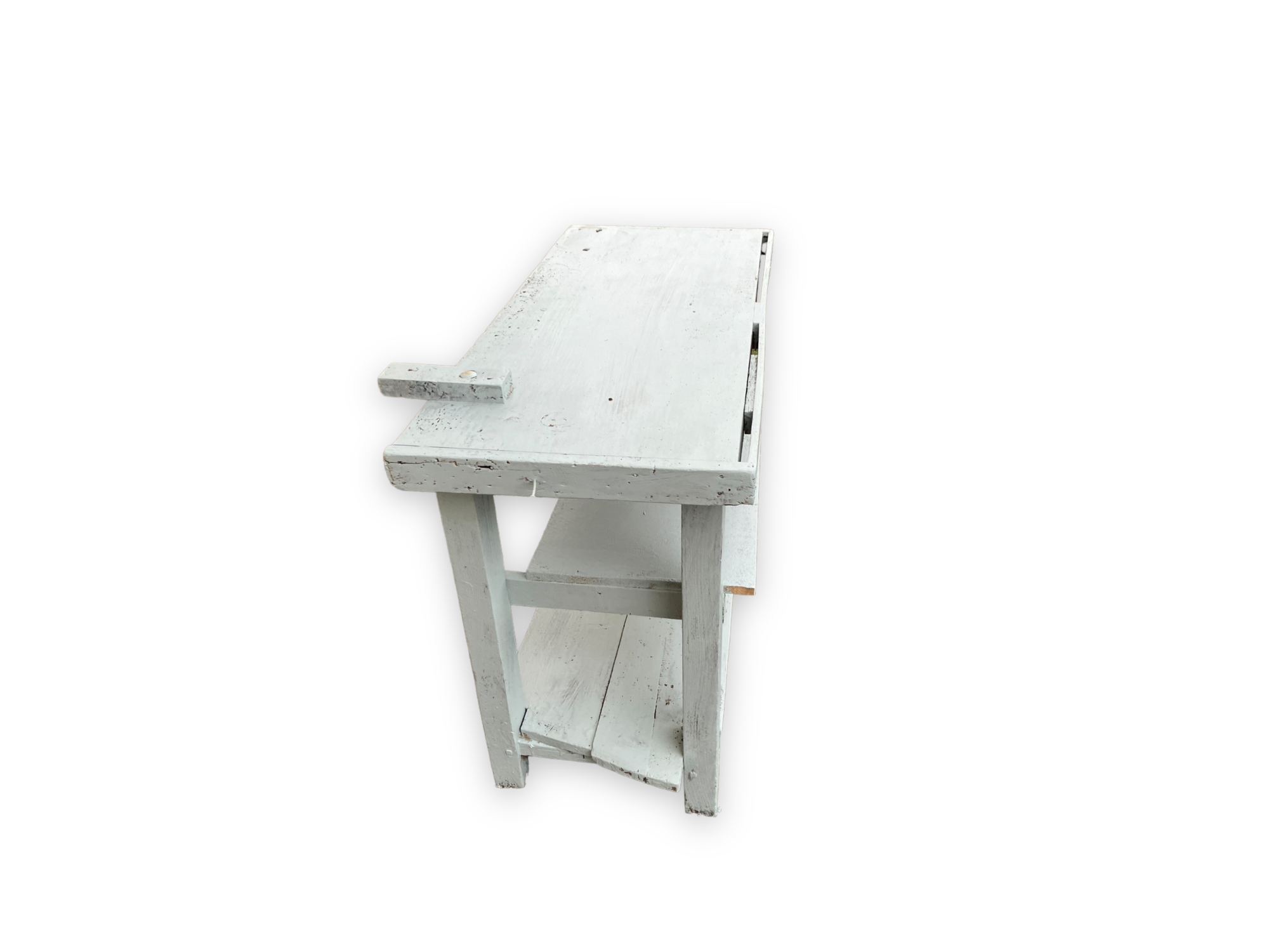 Light blue painted wooden workbench