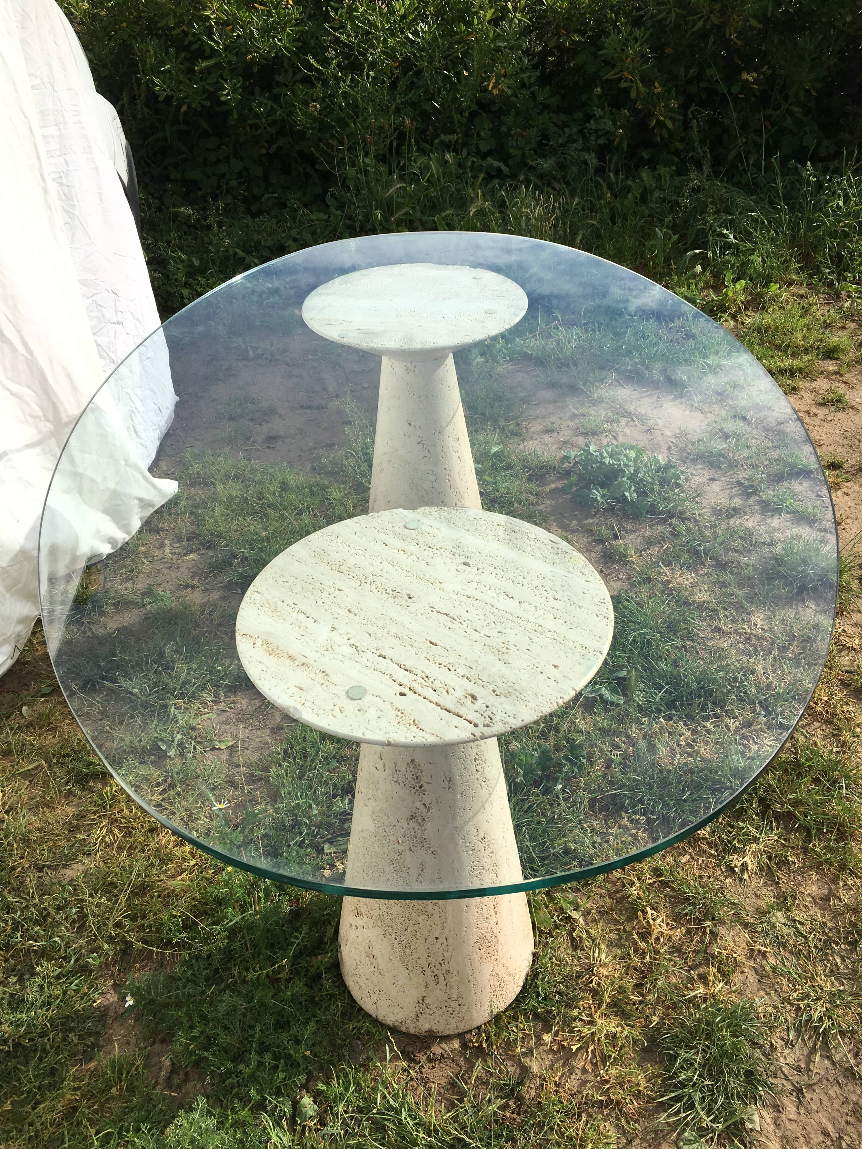 Table glass columns travertine design 1980