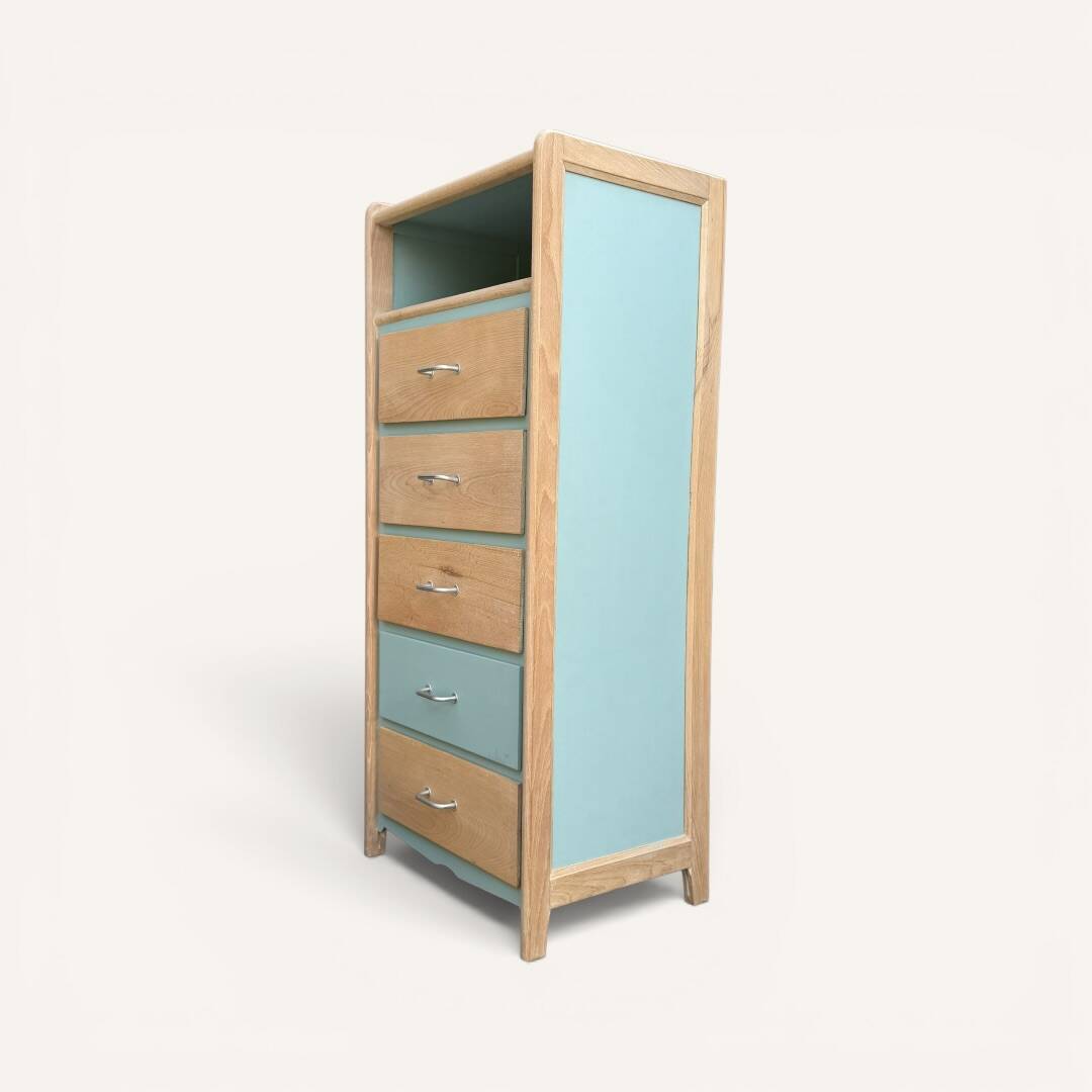 Vintage tall chest of drawers in raw wood and grey-blue from the 1950s.