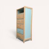 Vintage tall chest of drawers in raw wood and grey-blue from the 1950s.