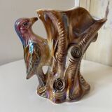 Kitsch Vase "Tree Trunk with Green Woodpecker" - Pink Iridescent Ceramic