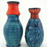 2 red and blue ceramic vases - Bodo Mans Bay Keramik - West Germany Pottery - vintage 60s