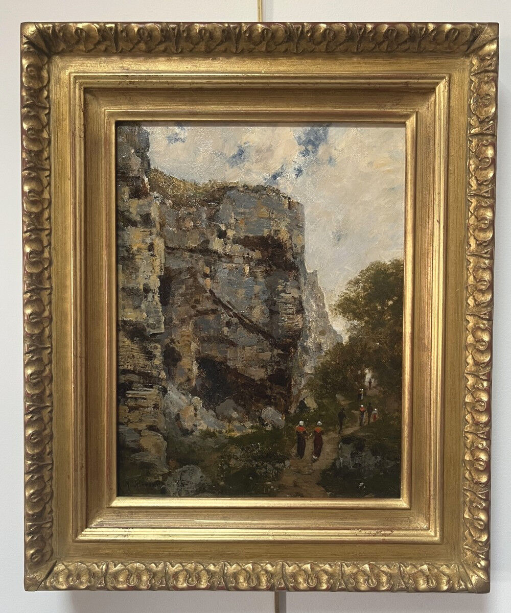 Charles Montlevault (1835-1897) Walkers along a cliff, Oil on canvas signed