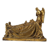 Sculpture Reine et Anges en terre cuite dorée