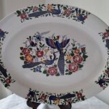 Large oval white ceramic dish, decorated with peacocks and vintage flowers