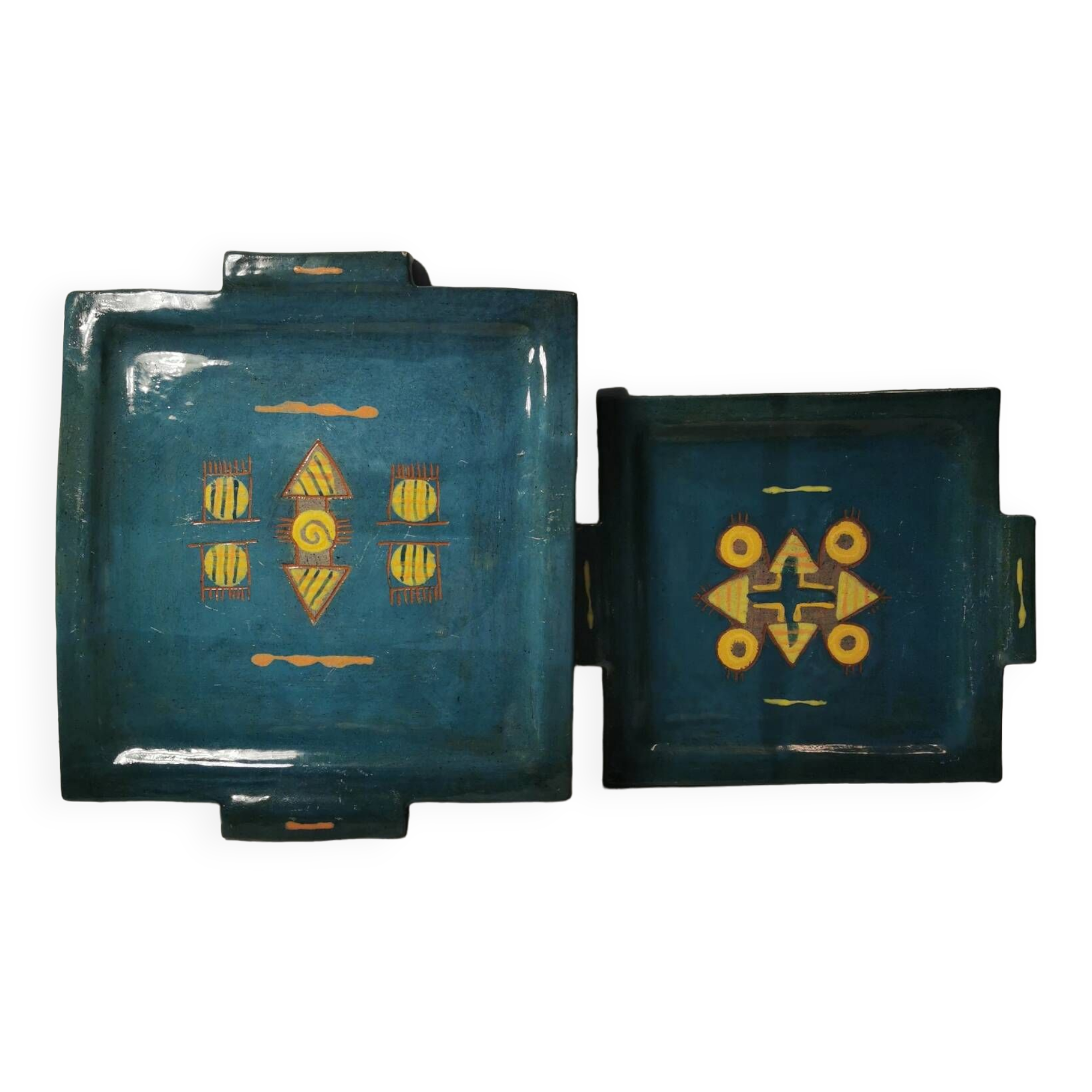 2 very beautiful Ethical dishes with South American geometric patterns. Square Format