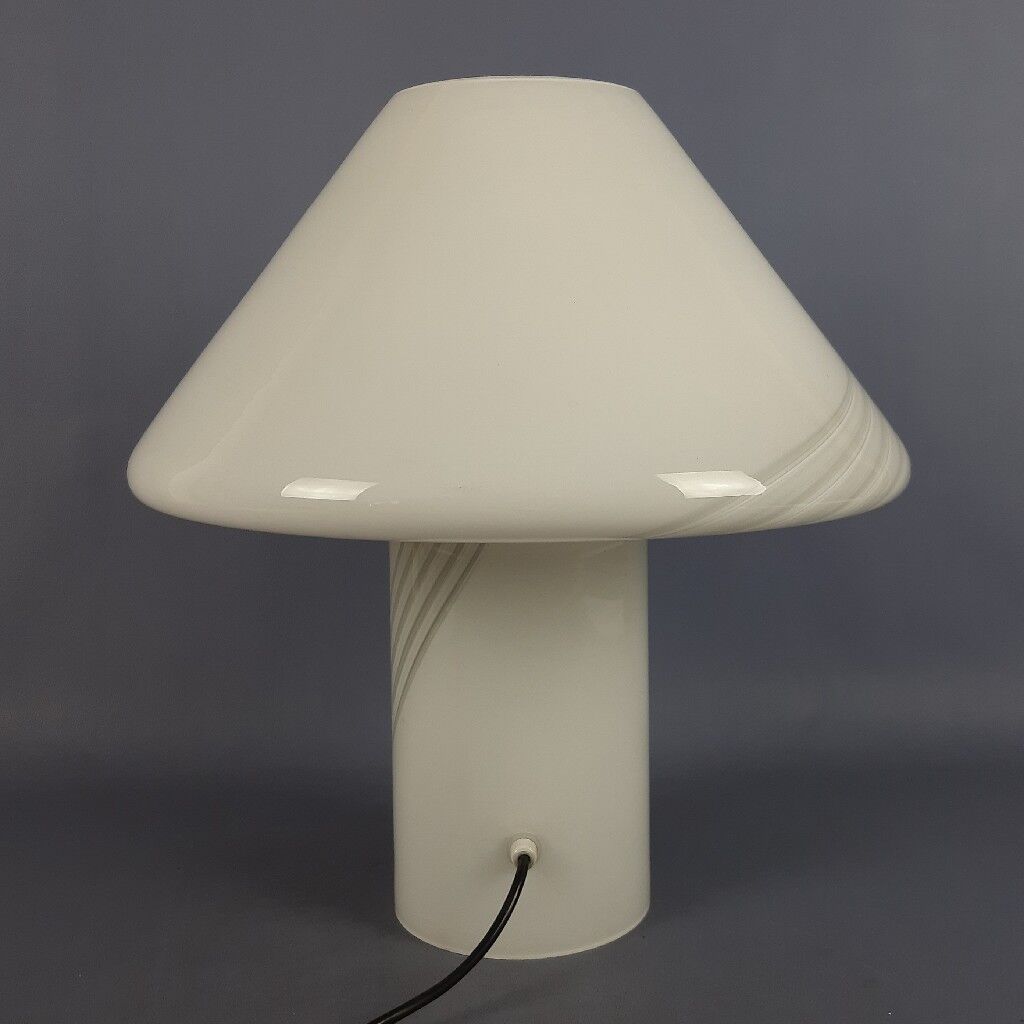 Opal Murano glass mushroom lamp with spiral stripes, 1970s modernist design.