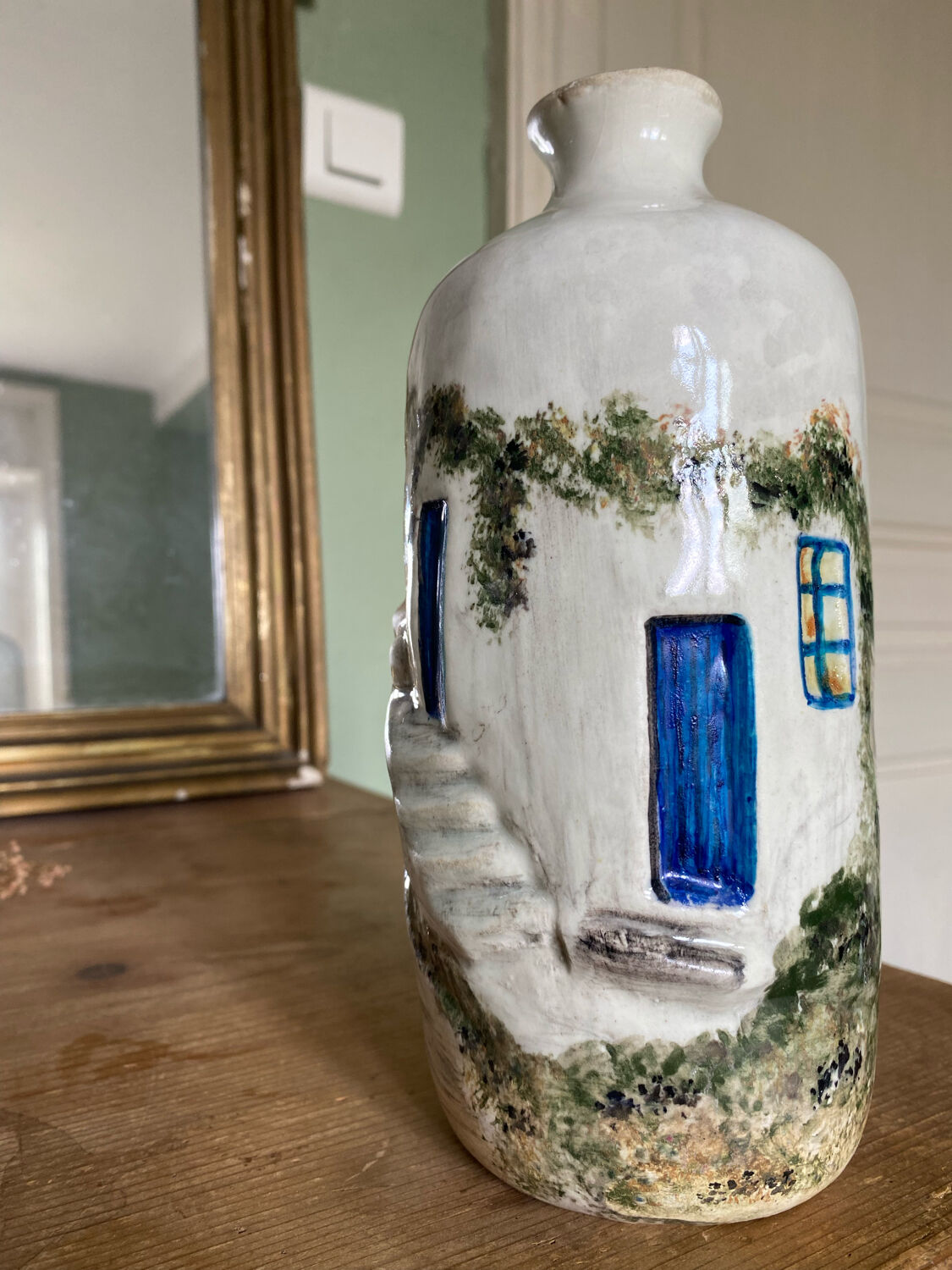 Handcrafted ceramic vase village scene Crete 70s